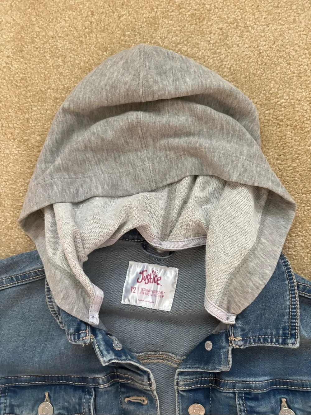 NWOT JUSTICE Kids Blue Denim Jacket with Grey Hood Size 12